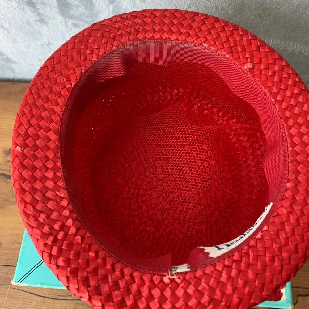 Vintage Neusteters Denver Red Straw Hat With Box size  22 Net lining w/Box Nice!